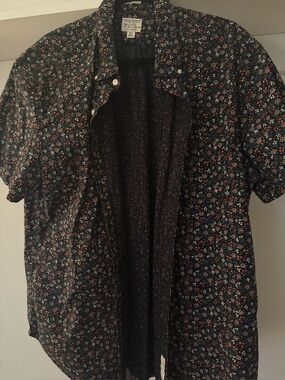 J. Crew Navy Short-Sleeve Floral Button-Up with White and Orange Flowers